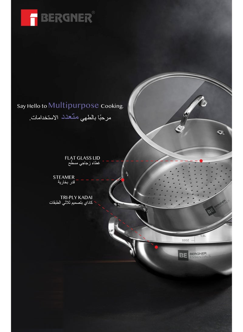 بيرجنر طقم أواني طهي بيرغنر إسنشيلز 3 قطع من الستانلس ستيل ثلاثي الطبقات - مقلاة عميقة 24 سم (3.2 لتر) مع قدر بخارية وغطاء زجاجي - طقم "ووك" متعدد الاستخدامات للمواقد الغاز والحث الحراري، طقم طهي صحي - Image 4